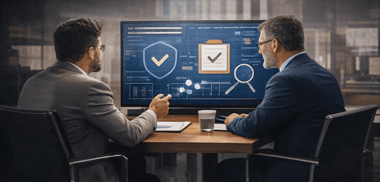 Two professionals sit side by side reviewing a large screen displaying security and compliance graphics, including a shield and checklist icons. They appear focused, discussing data and analysis in a modern office setting.