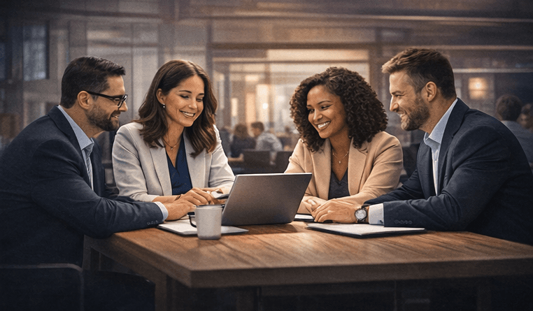 Four colleagues sit around a wooden table, smiling as they collaborate over a laptop. The warm office setting and relaxed expressions suggest a productive, positive team discussion.