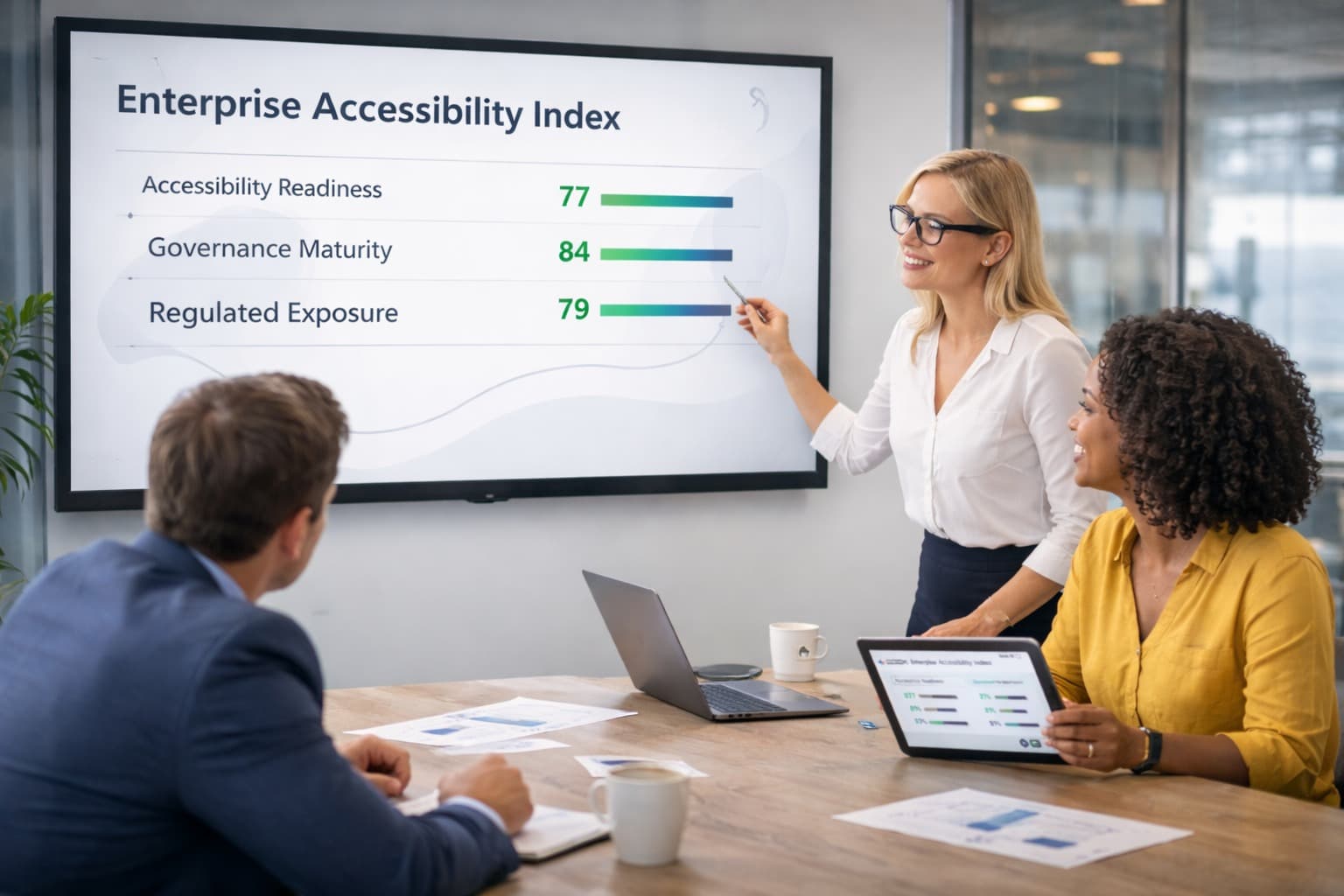 Three business professionals in a modern conference room reviewing analytics on a large screen during a meeting.
