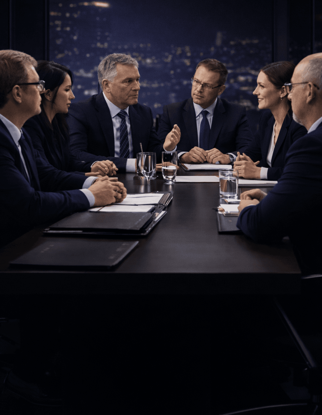 Six people in a late-night boardroom meeting, engaged in serious discussion. City lights glow behind them through the glass windows.
